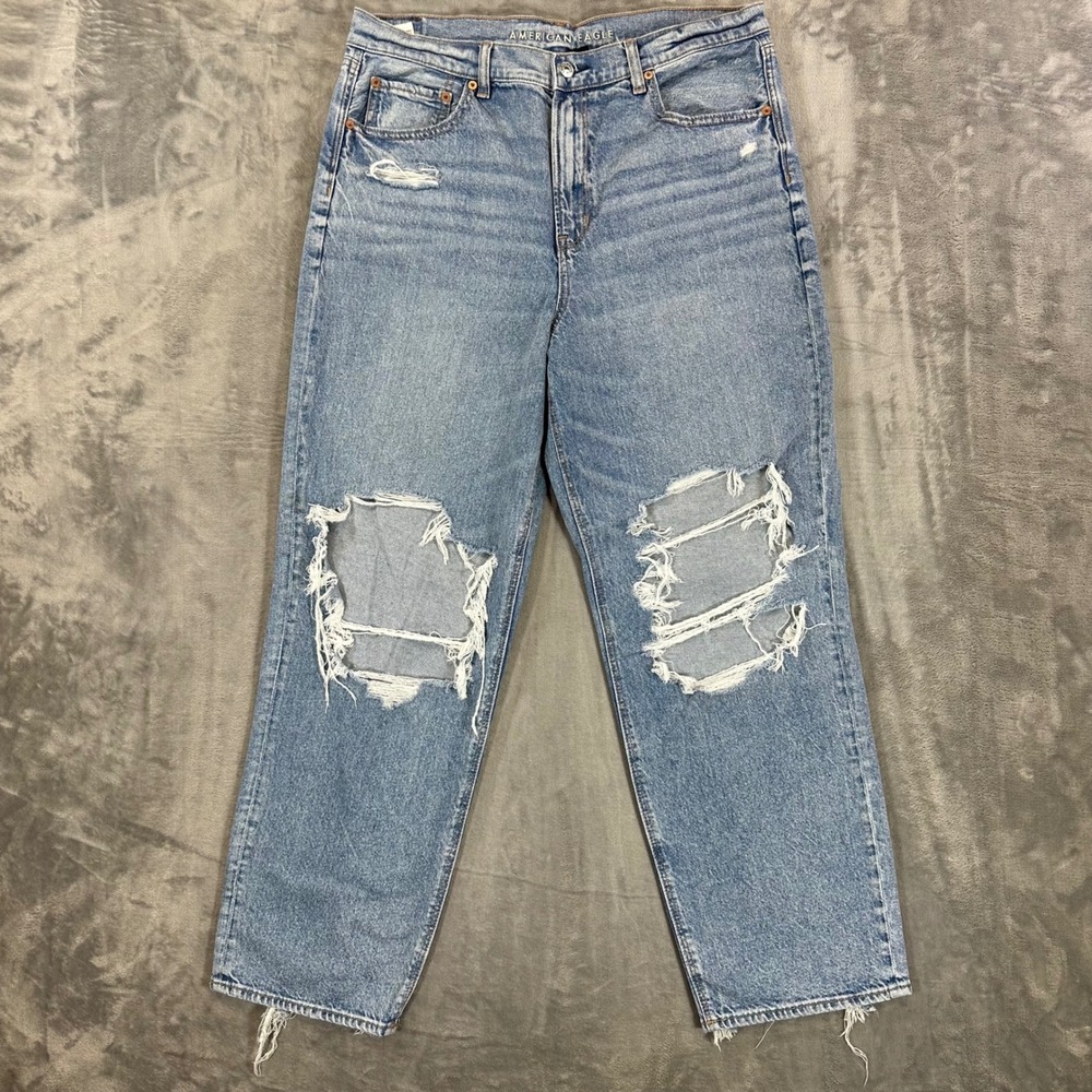 American Eagle Super High-Rise Baggy Straight Jeans Women's 14 Blue Distressed